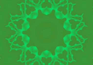 Dijital illüstrasyon, geometrik soyut renkli kaleydoskop simetrik desen ve gradyan etkisi. Klasik güzel dekoratif yeşil arkaplan