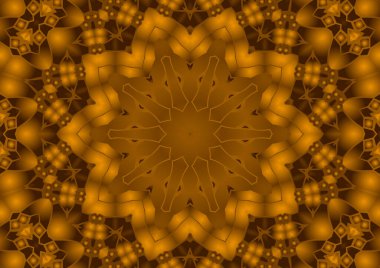 Dijital illüstrasyon, geometrik soyut renkli kaleydoskop simetrik desen ve gradyan etkisi. Klasik güzel dekoratif turuncu arka plan