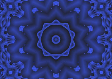 Dijital illüstrasyon, geometrik soyut renkli kaleydoskop simetrik desen ve gradyan etkisi. Klasik güzel dekoratif mavi arkaplan