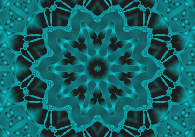 Dijital illüstrasyon, geometrik soyut renkli kaleydoskop simetrik desen ve gradyan etkisi. Klasik güzel dekoratif mavi arkaplan