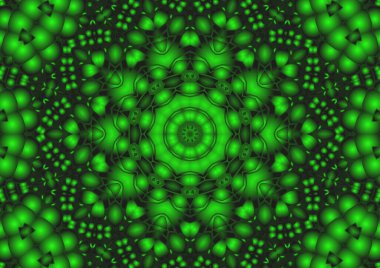 Dijital illüstrasyon, geometrik soyut renkli kaleydoskop simetrik desen ve gradyan etkisi. Klasik güzel dekoratif yeşil arkaplan