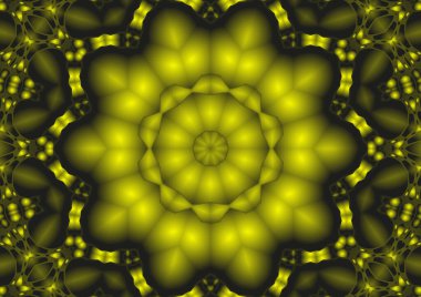 Dijital illüstrasyon, geometrik soyut renkli kaleydoskop simetrik desen ve gradyan etkisi. Klasik güzel dekoratif sarı arkaplan