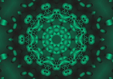 Dijital illüstrasyon, geometrik soyut renkli kaleydoskop simetrik desen ve gradyan etkisi. Klasik güzel dekoratif yeşil arkaplan