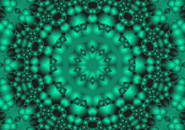 Dijital illüstrasyon, geometrik soyut renkli kaleydoskop simetrik desen ve gradyan etkisi. Klasik güzel dekoratif yeşil arkaplan