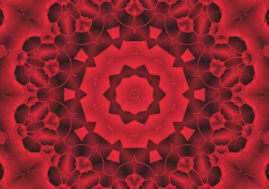 Dijital illüstrasyon, geometrik soyut renkli kaleydoskop simetrik desen ve gradyan etkisi. Klasik güzel dekoratif kırmızı arkaplan