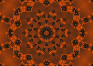 Dijital illüstrasyon, geometrik soyut renkli kaleydoskop simetrik desen ve gradyan etkisi. Klasik güzel dekoratif turuncu arka plan