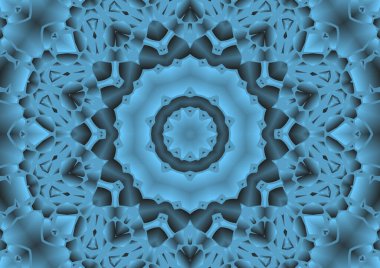 Dijital illüstrasyon, geometrik soyut renkli kaleydoskop simetrik desen ve gradyan etkisi. Klasik güzel dekoratif mavi arkaplan