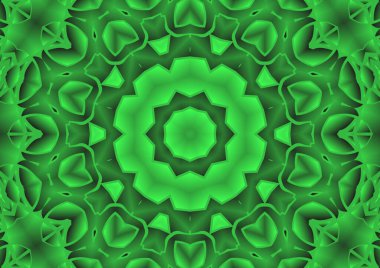 Dijital illüstrasyon, geometrik soyut renkli kaleydoskop simetrik desen ve gradyan etkisi. Klasik güzel dekoratif yeşil arkaplan