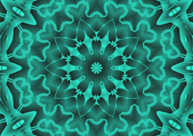 Dijital illüstrasyon, geometrik soyut renkli kaleydoskop simetrik desen ve gradyan etkisi. Klasik güzel dekoratif yeşil arkaplan