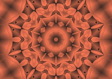 Dijital illüstrasyon, geometrik soyut renkli kaleydoskop simetrik desen ve gradyan etkisi. Klasik güzel dekoratif turuncu arka plan