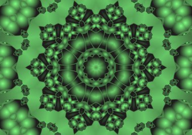 Dijital illüstrasyon, geometrik soyut renkli kaleydoskop simetrik desen ve gradyan etkisi. Klasik güzel dekoratif yeşil arkaplan
