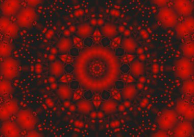 Dijital illüstrasyon, geometrik soyut renkli kaleydoskop simetrik desen ve gradyan etkisi. Klasik güzel dekoratif kırmızı arkaplan