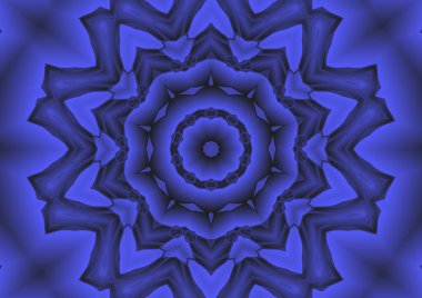 Dijital illüstrasyon, geometrik soyut renkli kaleydoskop simetrik desen ve gradyan etkisi. Klasik güzel dekoratif mavi arkaplan