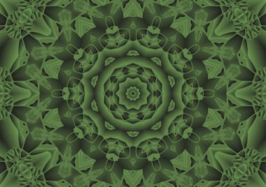 Dijital illüstrasyon, geometrik soyut renkli kaleydoskop simetrik desen ve gradyan etkisi. Klasik güzel dekoratif yeşil arkaplan