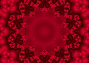 Dijital illüstrasyon, geometrik soyut renkli kaleydoskop simetrik desen ve gradyan etkisi. Klasik güzel dekoratif kırmızı arkaplan