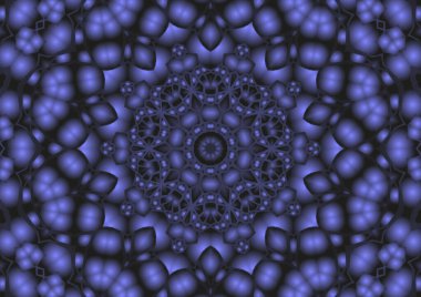 Dijital illüstrasyon, geometrik soyut renkli kaleydoskop simetrik desen ve gradyan etkisi. Klasik güzel dekoratif mavi arkaplan