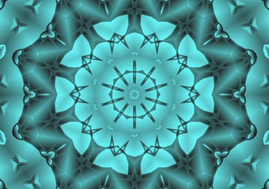 Dijital illüstrasyon, geometrik soyut renkli kaleydoskop simetrik desen ve gradyan etkisi. Klasik güzel dekoratif mavi arkaplan