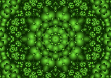 Dijital illüstrasyon, geometrik soyut renkli kaleydoskop simetrik desen ve gradyan etkisi. Klasik güzel dekoratif yeşil arkaplan