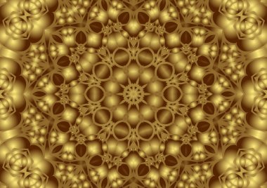 Dijital illüstrasyon, geometrik soyut renkli kaleydoskop simetrik desen ve gradyan etkisi. Klasik güzel dekoratif turuncu arka plan