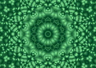 Dijital illüstrasyon, geometrik soyut renkli kaleydoskop simetrik desen ve gradyan etkisi. Klasik güzel dekoratif yeşil arkaplan