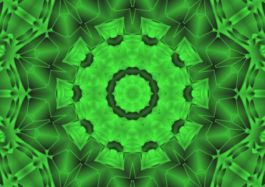 Dijital illüstrasyon, geometrik soyut renkli kaleydoskop simetrik desen ve gradyan etkisi. Klasik güzel dekoratif yeşil arkaplan