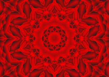 Dijital illüstrasyon, geometrik soyut renkli kaleydoskop simetrik desen ve gradyan etkisi. Klasik güzel dekoratif kırmızı arkaplan