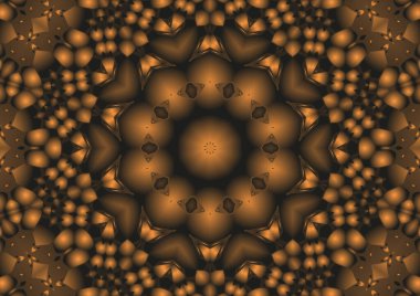 Dijital illüstrasyon, geometrik soyut renkli kaleydoskop simetrik desen ve gradyan etkisi. Klasik güzel dekoratif turuncu arka plan