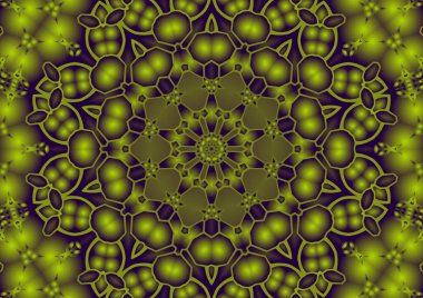 Dijital illüstrasyon, geometrik soyut renkli kaleydoskop simetrik desen ve gradyan etkisi. Klasik güzel dekoratif arkaplan