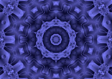 Dijital illüstrasyon, geometrik soyut renkli kaleydoskop simetrik desen ve gradyan etkisi. Klasik güzel dekoratif mavi arkaplan