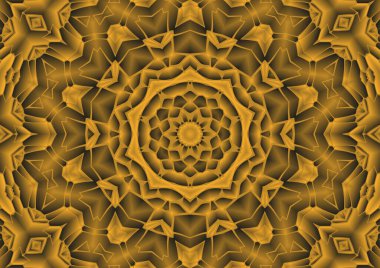 Dijital illüstrasyon, geometrik soyut renkli kaleydoskop simetrik desen ve gradyan etkisi. Klasik güzel dekoratif turuncu arka plan