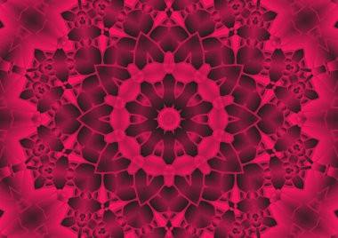 Dijital illüstrasyon, geometrik soyut renkli kaleydoskop simetrik desen ve gradyan etkisi. Klasik güzel dekoratif kırmızı arkaplan