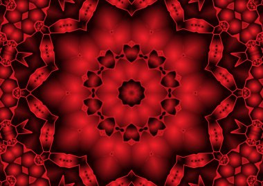 Dijital illüstrasyon, geometrik soyut renkli kaleydoskop simetrik desen ve gradyan etkisi. Klasik güzel dekoratif kırmızı arkaplan