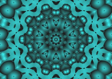 Dijital illüstrasyon, geometrik soyut renkli kaleydoskop simetrik desen ve gradyan etkisi. Klasik güzel dekoratif mavi arkaplan