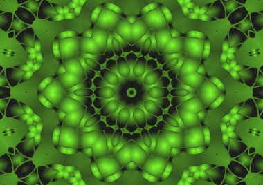 Dijital illüstrasyon, geometrik soyut renkli kaleydoskop simetrik desen ve gradyan etkisi. Klasik güzel dekoratif yeşil arkaplan