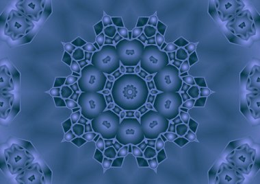 Dijital illüstrasyon, geometrik soyut renkli kaleydoskop simetrik desen ve gradyan etkisi. Klasik güzel dekoratif mavi arkaplan