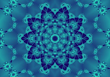 Dijital illüstrasyon, geometrik soyut renkli kaleydoskop simetrik desen ve gradyan etkisi. Klasik güzel dekoratif arkaplan