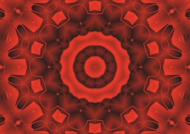 Dijital illüstrasyon, geometrik soyut renkli kaleydoskop simetrik desen ve gradyan etkisi. Klasik güzel dekoratif kırmızı arkaplan