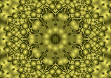 Dijital illüstrasyon, geometrik soyut renkli kaleydoskop simetrik desen ve gradyan etkisi. Klasik güzel dekoratif sarı arkaplan