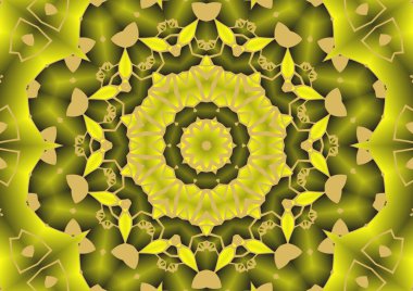 Dijital illüstrasyon, geometrik soyut renkli kaleydoskop simetrik desen ve gradyan etkisi. Klasik güzel dekoratif sarı arkaplan