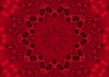 Dijital illüstrasyon, geometrik soyut renkli kaleydoskop simetrik desen ve gradyan etkisi. Klasik güzel dekoratif kırmızı arkaplan