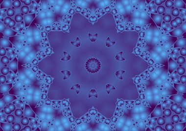 Dijital illüstrasyon, geometrik soyut renkli kaleydoskop simetrik desen ve gradyan etkisi. Klasik güzel dekoratif mavi arkaplan