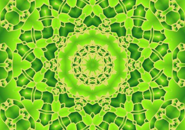 Dijital illüstrasyon, geometrik soyut renkli kaleydoskop simetrik desen ve gradyan etkisi. Klasik güzel dekoratif yeşil arkaplan