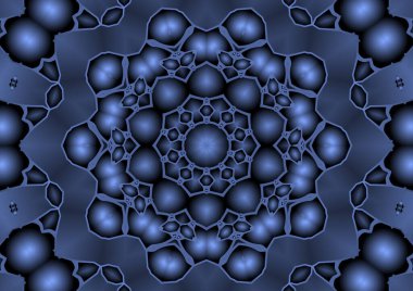 Dijital illüstrasyon, geometrik soyut renkli kaleydoskop simetrik desen ve gradyan etkisi. Klasik güzel dekoratif mavi arkaplan