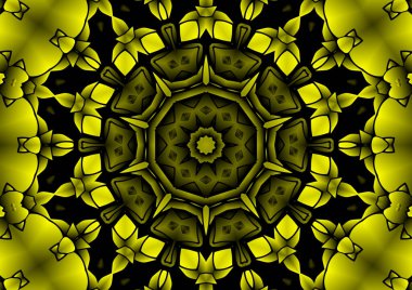 Dijital illüstrasyon, geometrik soyut renkli kaleydoskop simetrik desen ve gradyan etkisi. Klasik güzel dekoratif sarı arkaplan