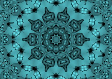 Dijital illüstrasyon, geometrik soyut renkli kaleydoskop simetrik desen ve gradyan etkisi. Klasik güzel dekoratif mavi arkaplan