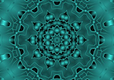 Dijital illüstrasyon, geometrik soyut renkli kaleydoskop simetrik desen ve gradyan etkisi. Klasik güzel dekoratif mavi arkaplan