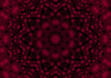 Dijital illüstrasyon, geometrik soyut renkli kaleydoskop simetrik desen ve gradyan etkisi. Klasik güzel dekoratif kırmızı arkaplan