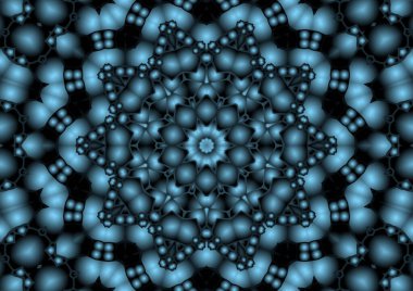 Dijital illüstrasyon, geometrik soyut renkli kaleydoskop simetrik desen ve gradyan etkisi. Klasik güzel dekoratif mavi arkaplan