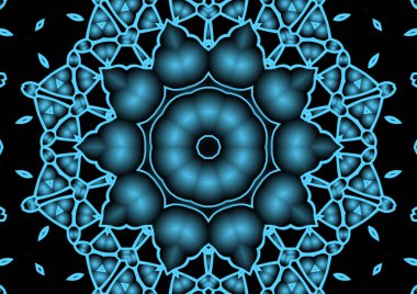 Dijital illüstrasyon, geometrik soyut renkli kaleydoskop simetrik desen ve gradyan etkisi. Klasik güzel dekoratif mavi arkaplan
