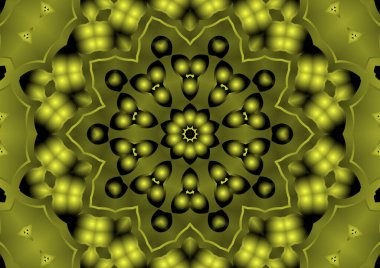 Dijital illüstrasyon, geometrik soyut renkli kaleydoskop simetrik desen ve gradyan etkisi. Klasik güzel dekoratif sarı arkaplan